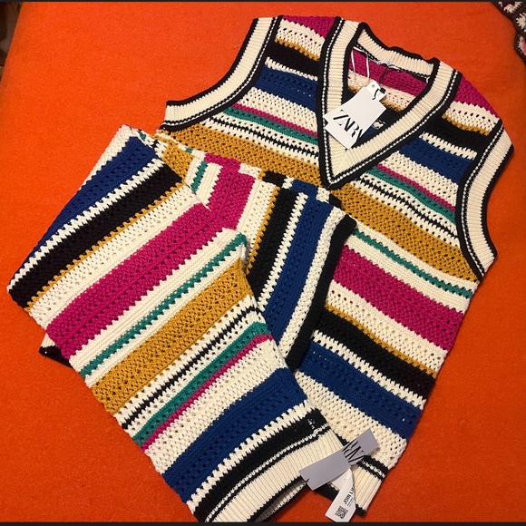 Zara rustic striped oversized crochet vest and flare pants coordinated set NWT - Picture 2 of 11